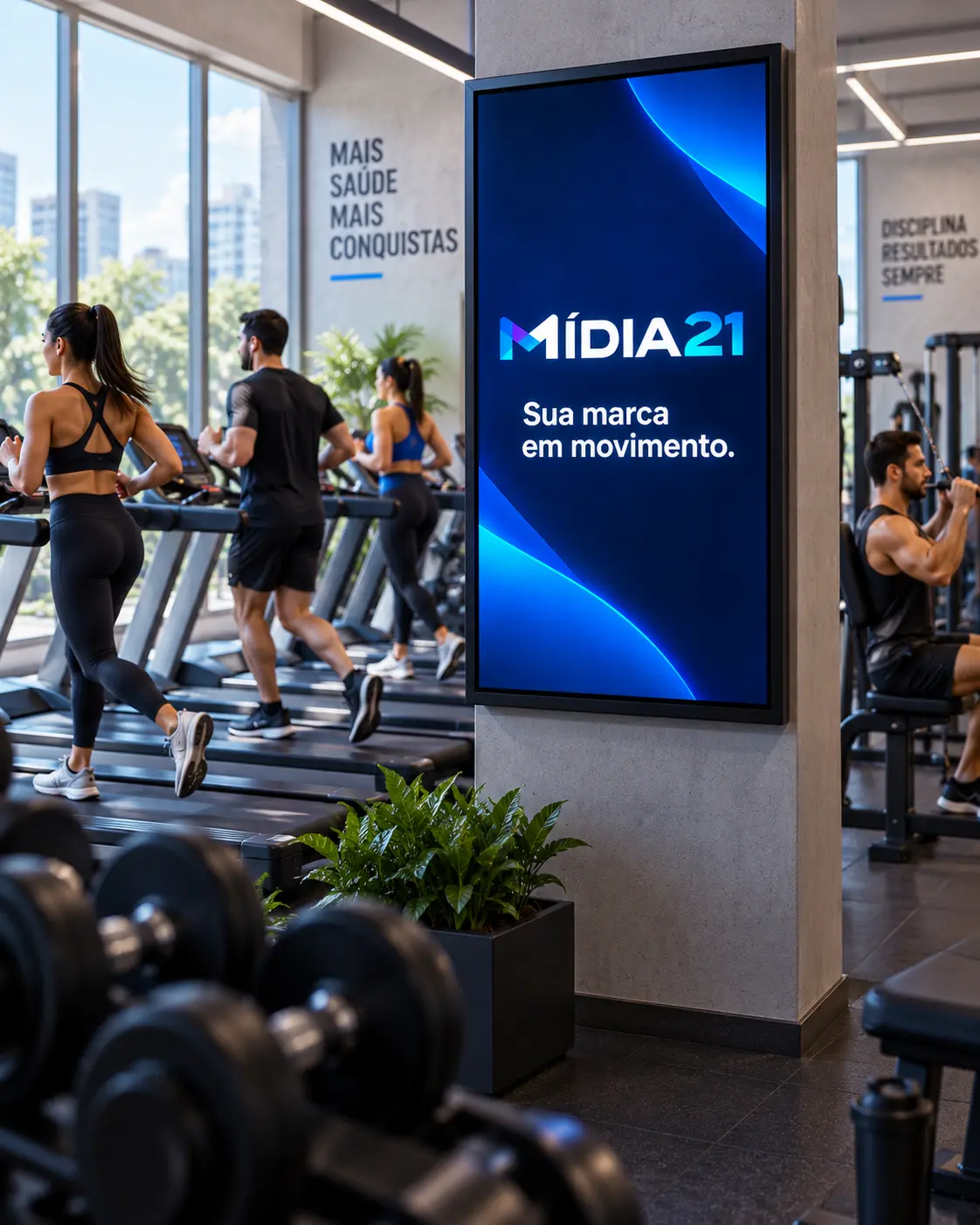 Tela Mídia21 instalada em academia.