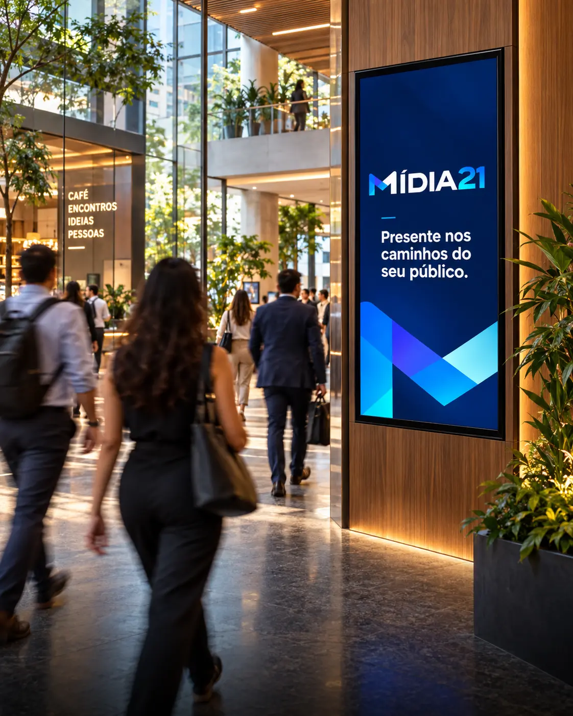 Tela Mídia21 instalada em ambiente de circulação.