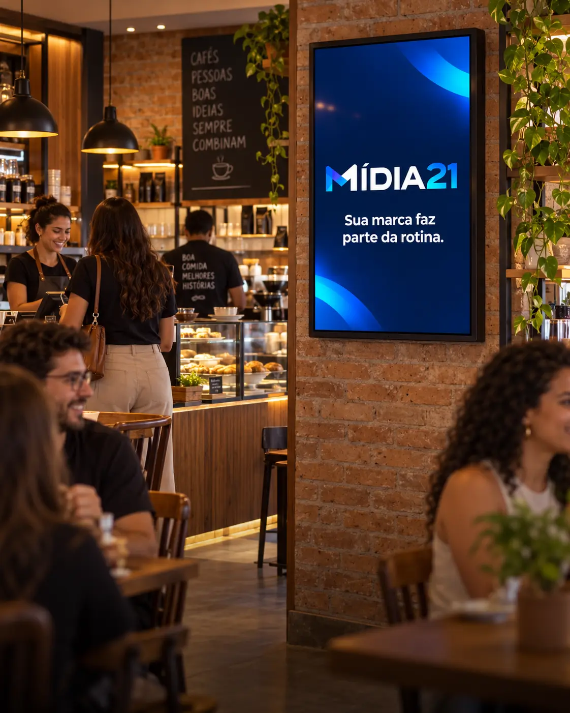 Tela Mídia21 instalada em cafeteria.